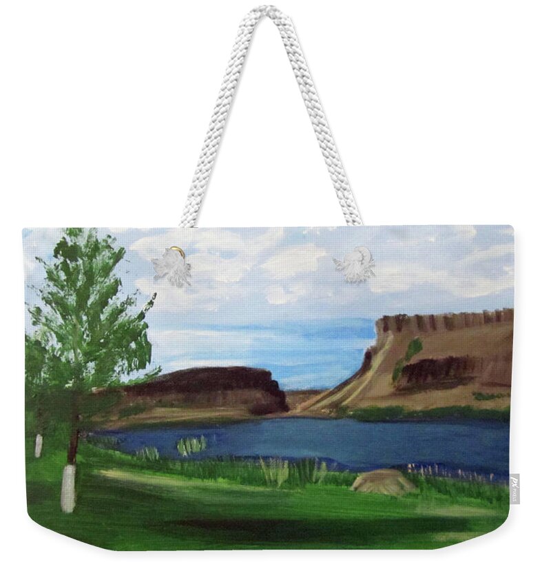 River Weekender Tote Bag featuring the painting Snake River Murphy Idaho by Linda Feinberg