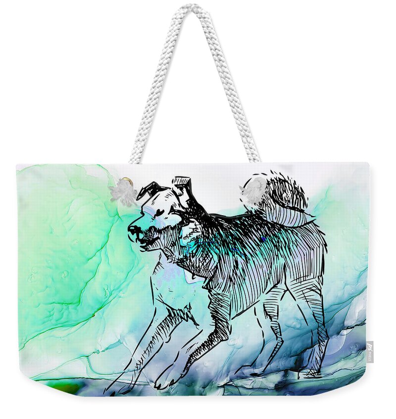 Dog Weekender Tote Bag featuring the painting Snarling Mongrel Dog by Miki De Goodaboom