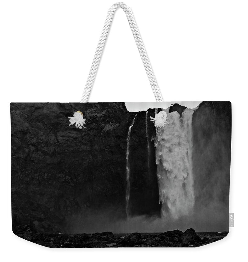 Majestic Weekender Tote Bag featuring the photograph Snoqualmie Falls Black and White 3 by Pelo Blanco Photo