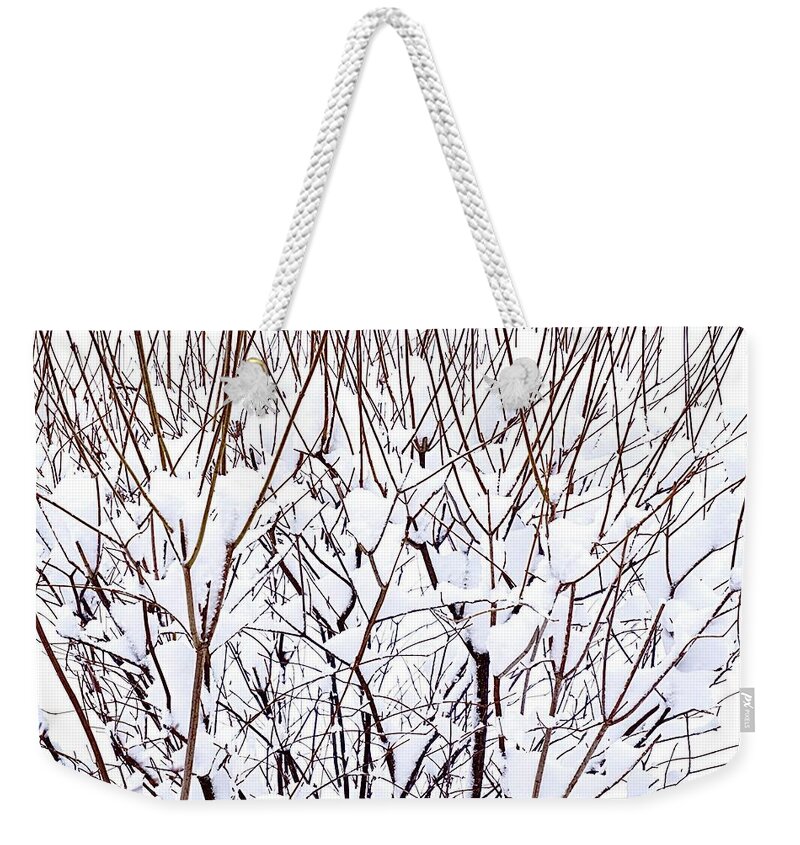 Landscape Weekender Tote Bag featuring the photograph Snow and branches by Silvia Marcoschamer