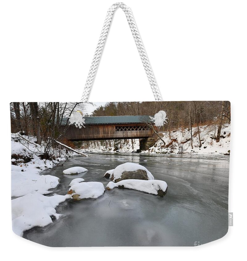 Snow Weekender Tote Bag featuring the photograph Snow and Ice Under the Bridge by Steve Brown