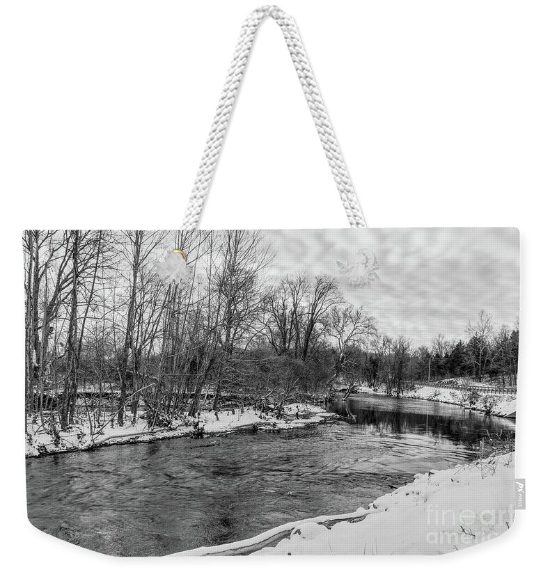 Black And White Weekender Tote Bag featuring the photograph Snow Beauty James River Grayscale by Jennifer White