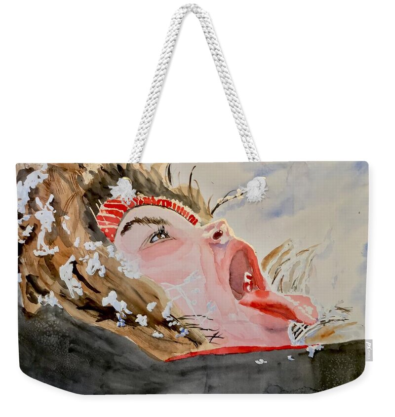 Watercolor Weekender Tote Bag featuring the painting Snow Catcher by Bryan Brouwer