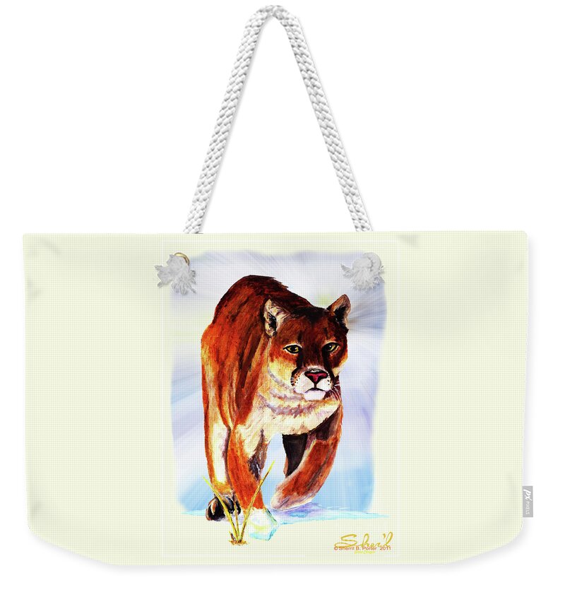 Wildlife Weekender Tote Bag featuring the painting Snow Cougar by Sherril Porter