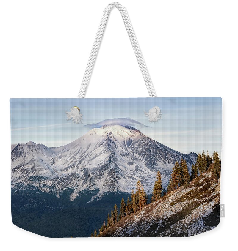 California Weekender Tote Bag featuring the photograph Snow Covered Mt. Shasta Glowing by Gary Geddes