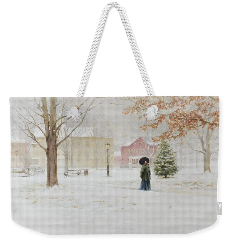 Winter Weekender Tote Bag featuring the painting Snow Day on the Green by Bibi Snelderwaard Brion