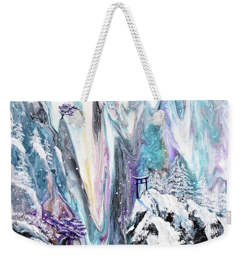 Torii Weekender Tote Bag featuring the painting Snow Falling Quietly on Torii by Laura Iverson