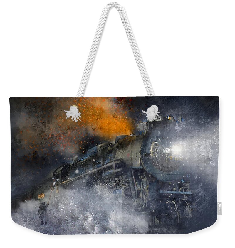 Steam Locomotive Weekender Tote Bag featuring the painting Grabbing His Train Orders - Snow Fire and Steam by Glenn Galen