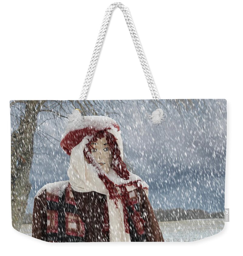 Snow Weekender Tote Bag featuring the mixed media Snow Girl by Moira Law