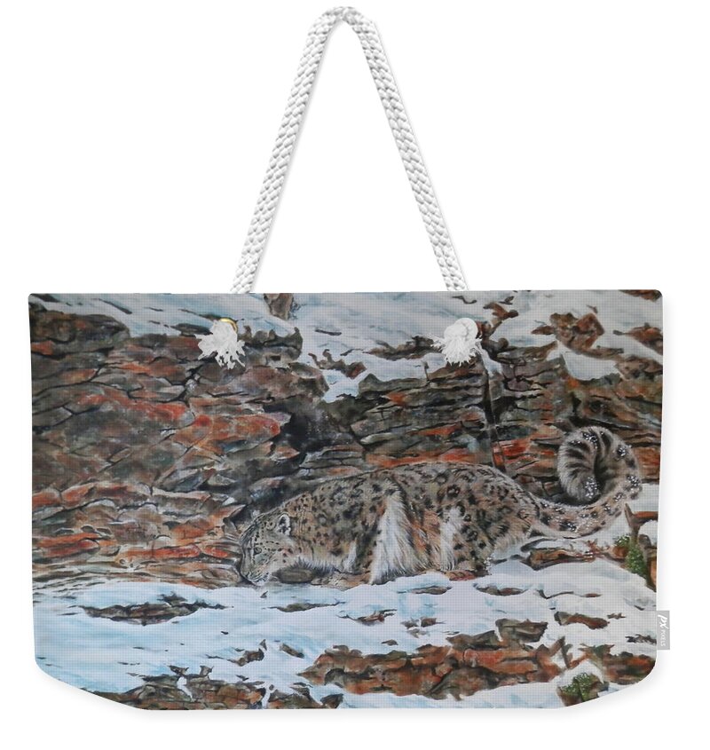 Leopard Weekender Tote Bag featuring the painting Snow Leopard by John Neeve