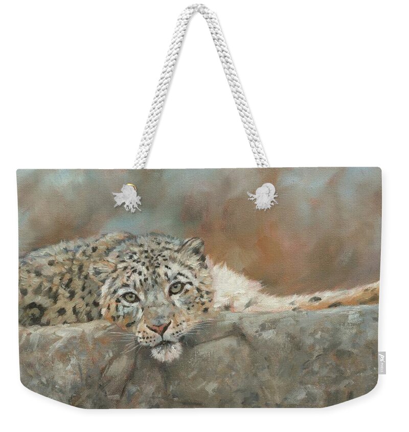 Snow Leopard Weekender Tote Bag featuring the painting Snow Leopard Resting by David Stribbling