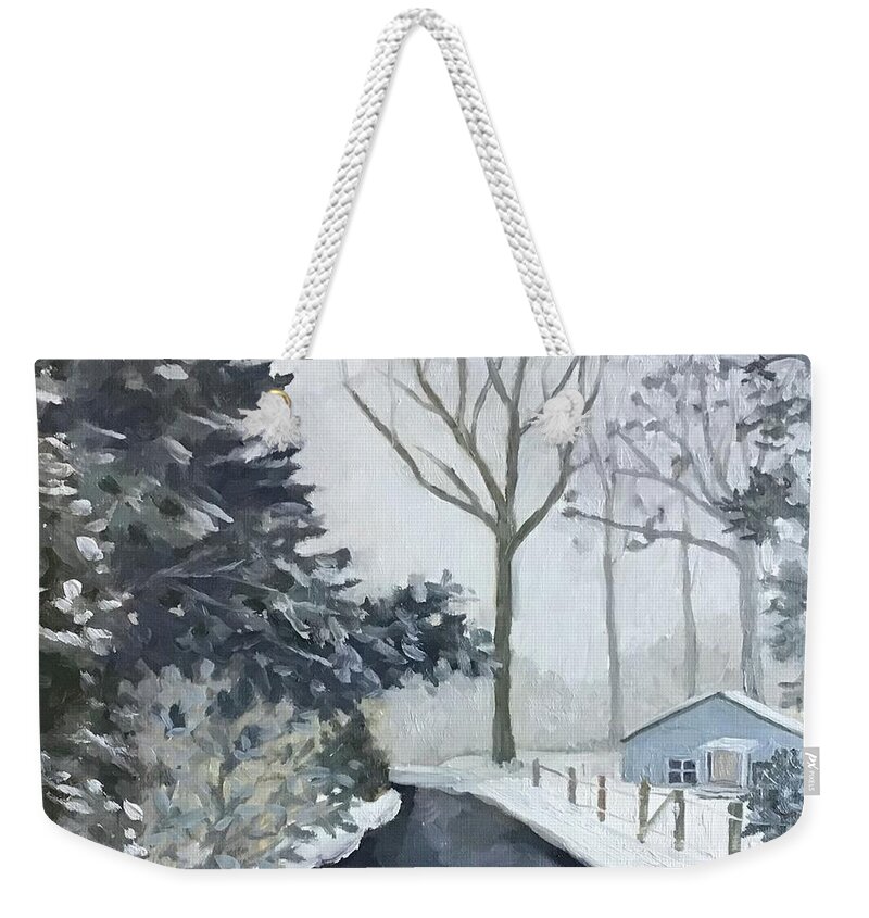 Snow Weekender Tote Bag featuring the painting Snow on Hannah Drive by Anne Marie Brown