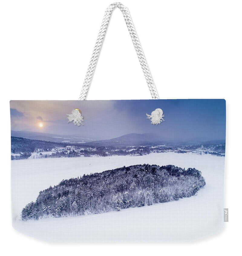Island Pond Weekender Tote Bag featuring the photograph Snow Showers at Island Pond, VT by John Rowe