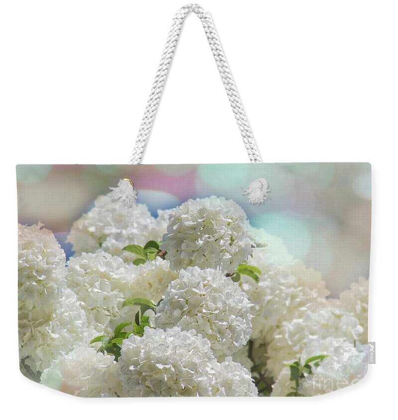 Chinese Snowball Tree Weekender Tote Bag featuring the digital art Snowball Flowers by Amy Dundon