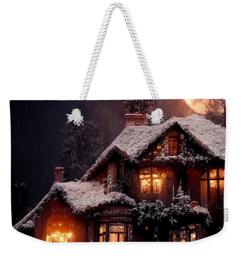 Snowfall Weekender Tote Bag featuring the mixed media Snowfall with Snowball Moon I by Jay Schankman