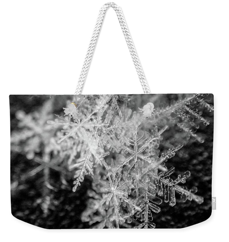 Snow Weekender Tote Bag featuring the photograph Snowflake Pile Closeup Macro Winter Snow by Toby McGuire