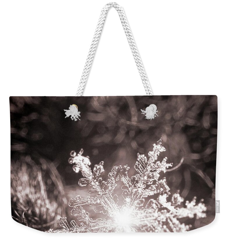 Snowflake; Ice; Shine; Macro; Simple; Monochrome; Weekender Tote Bag featuring the photograph Snowflake Sparkle by Tina Uihlein