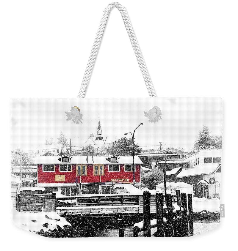 Selective Color Weekender Tote Bag featuring the photograph Snowing Poulsbo Waterfront by Jerry Abbott