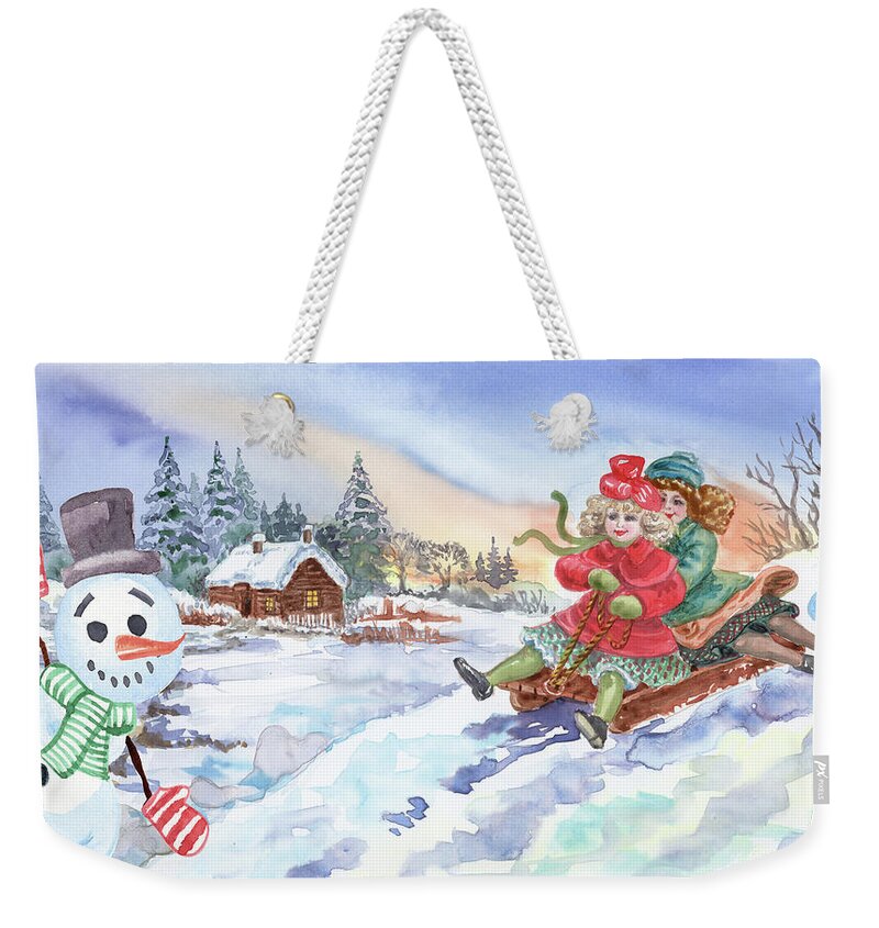 Winter Fun Weekender Tote Bag featuring the painting Snowman And Two Girls Sledding Winter Watercolor by Irina Sztukowski