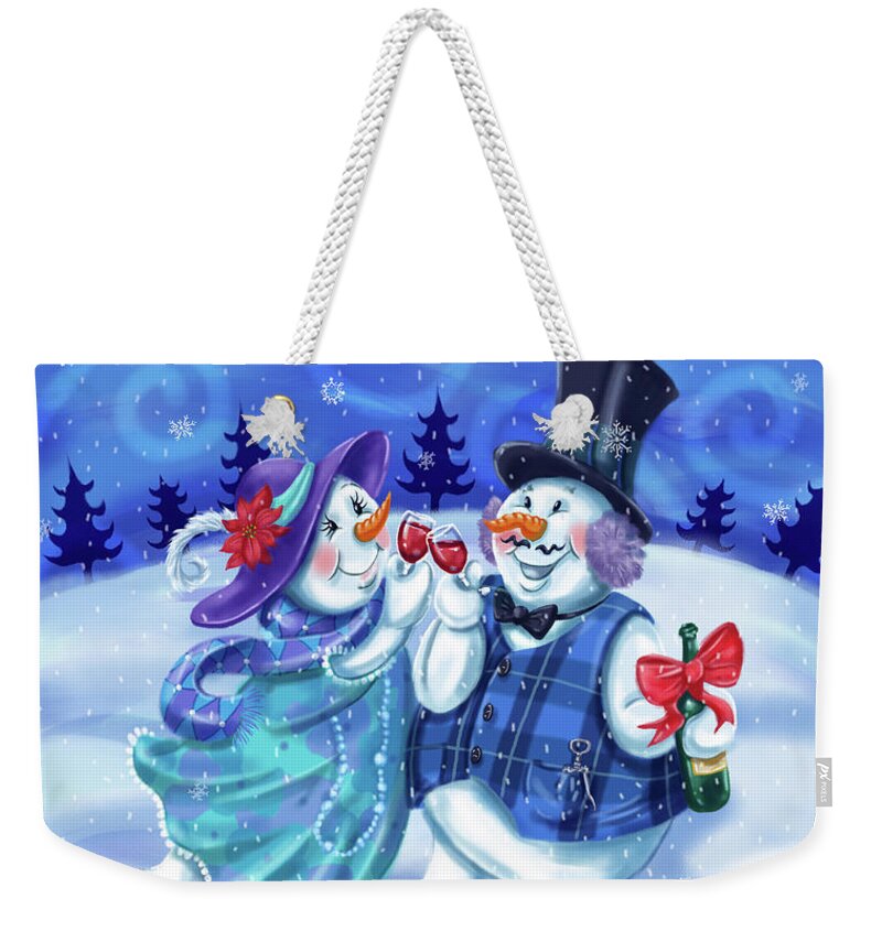 Snowman Weekender Tote Bag featuring the mixed media Snowman Holiday Cheers by Shari Warren