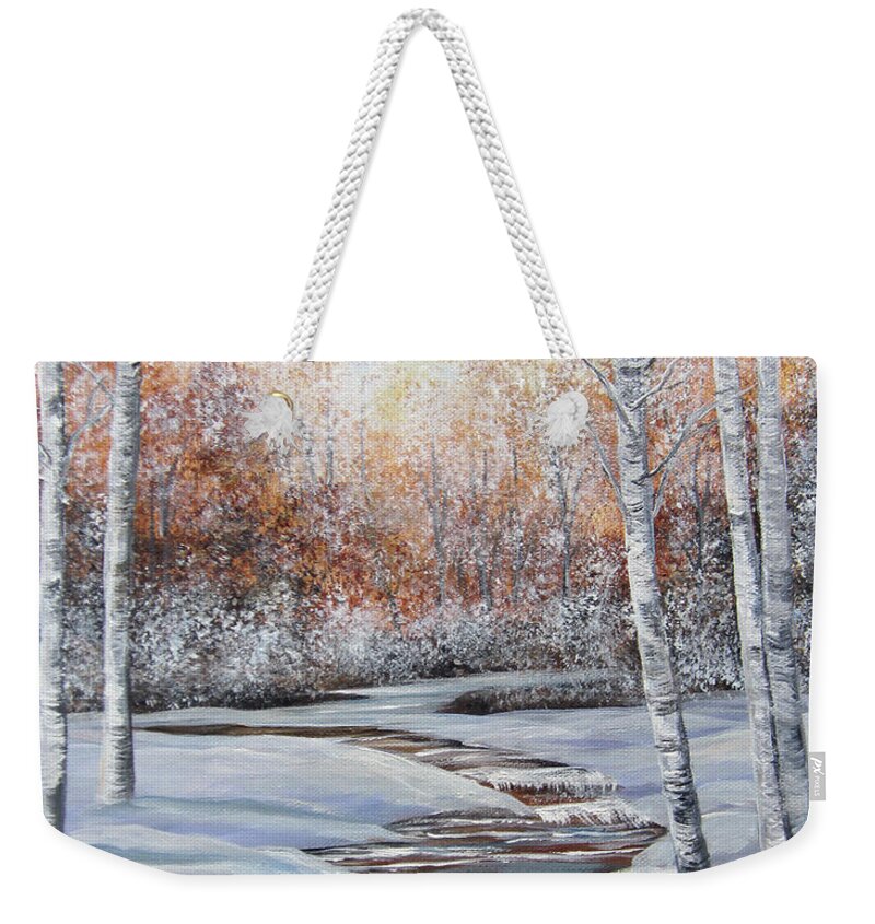 Acrylic Painting Weekender Tote Bag featuring the painting Snowy Interlude by Linda Goodman