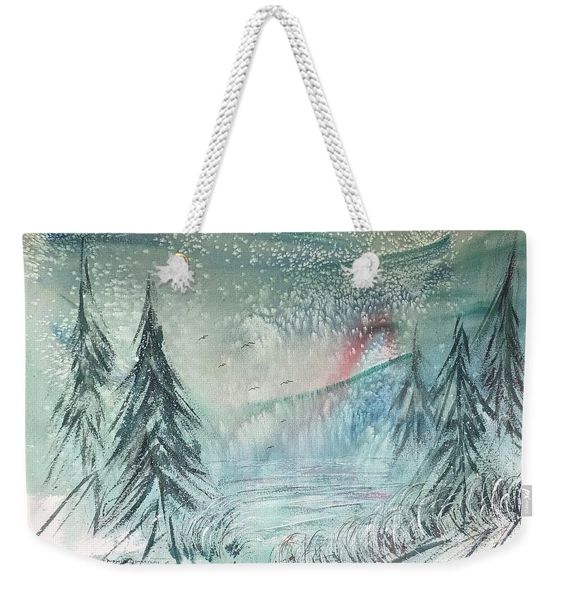 Snowy Mountain Fir Trees Weekender Tote Bag featuring the painting Snowy Mountain Firs by Catherine Ludwig Donleycott
