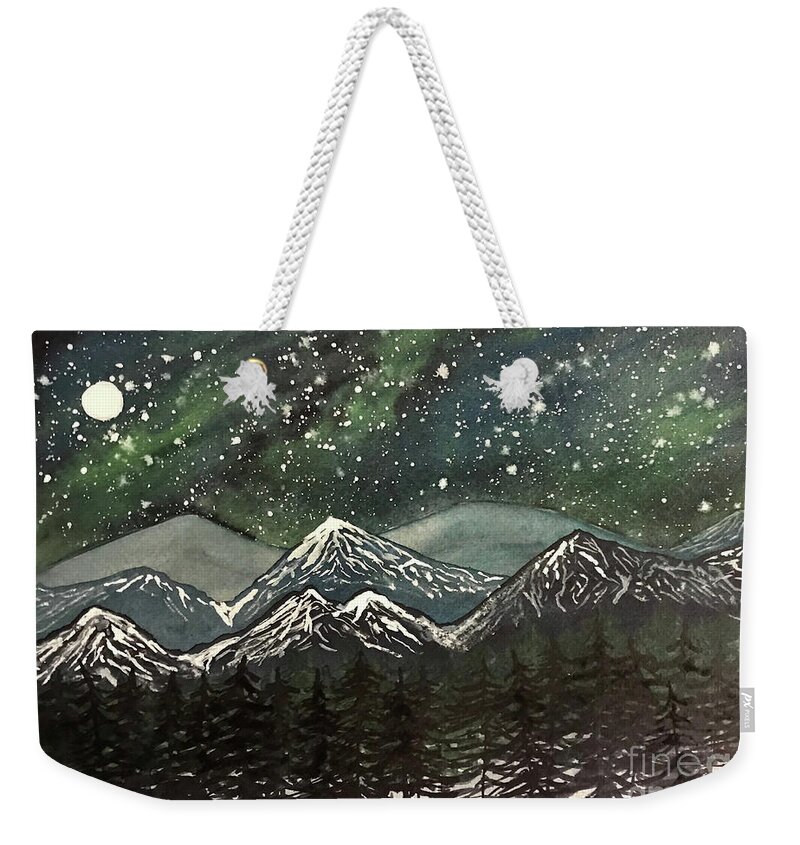 Snowy Mountains Weekender Tote Bag featuring the painting Snowy Mountains with Aurora by Lisa Neuman