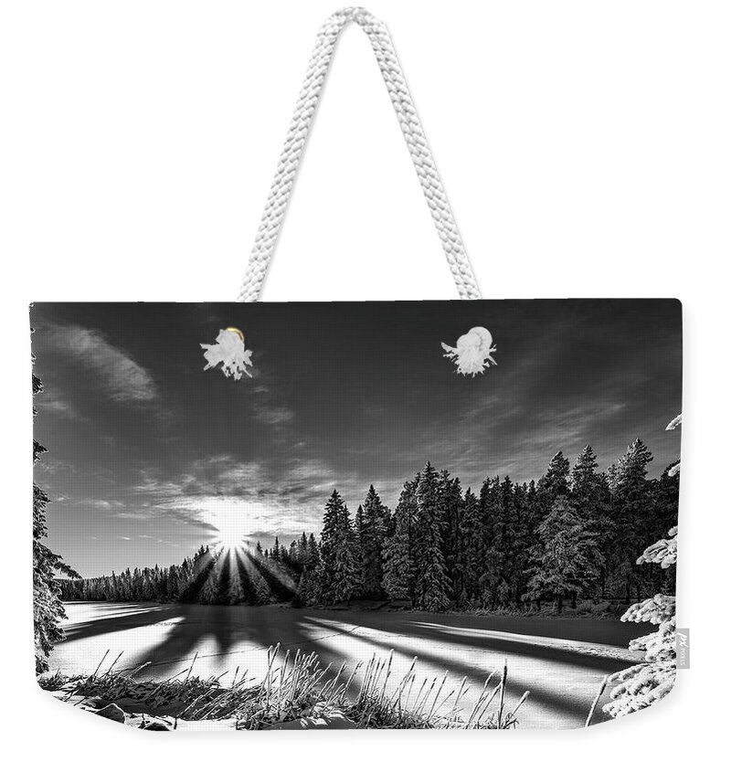 Cypress Hills Weekender Tote Bag featuring the photograph Snowy Sunset by Darcy Dietrich