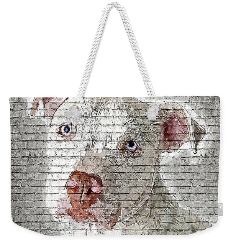 White Weekender Tote Bag featuring the painting So Cool and Beautiful - White Pit Bull - Brick Block Background by Custom Pet Portrait Art Studio