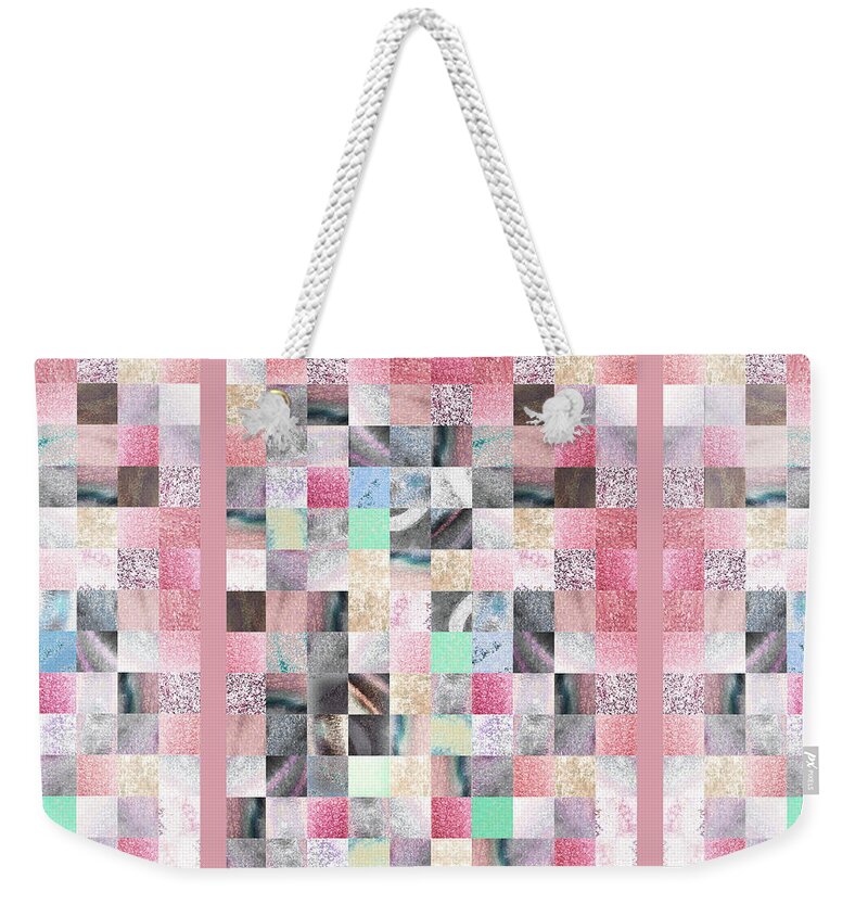 Quilt Weekender Tote Bag featuring the painting Soft Pink And Gray Watercolor Squares Art Mosaic Quilt by Irina Sztukowski