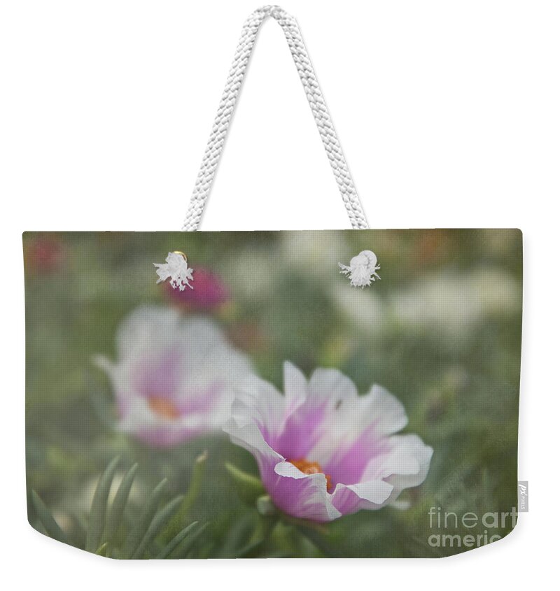 Purslane Weekender Tote Bag featuring the photograph Soft Textured Purslane Flower by Amy Dundon