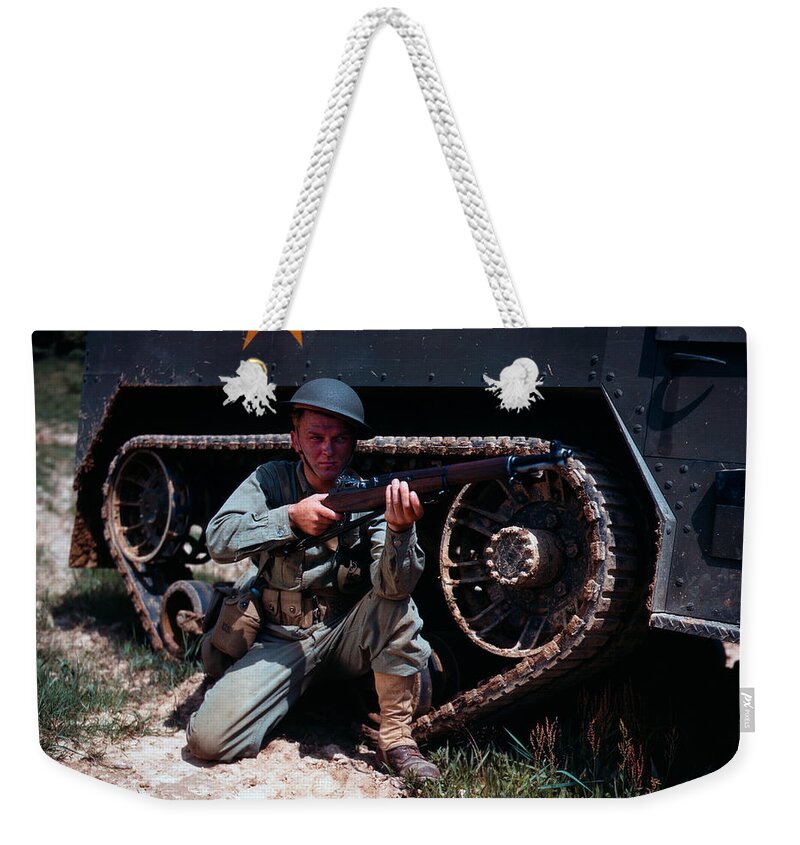 American Soldier Weekender Tote Bag featuring the photograph Soldier With Rifle In Training - Fort Knox 1942 by War Is Hell Store