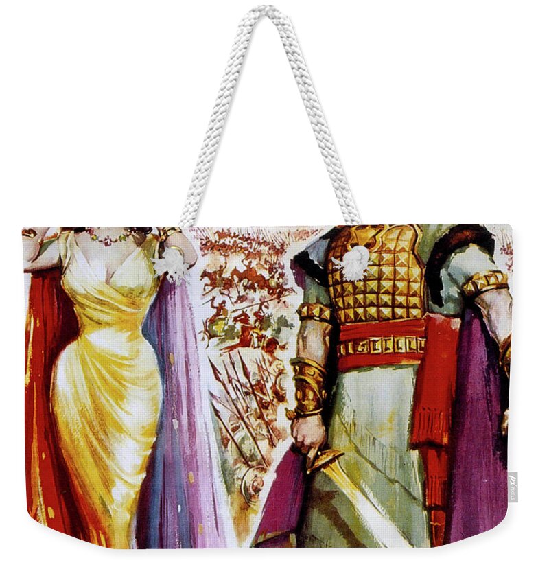 Solomon Weekender Tote Bag featuring the painting ''Solomon and Sheba''-b, 1959, movie poster painting by Movie World Posters