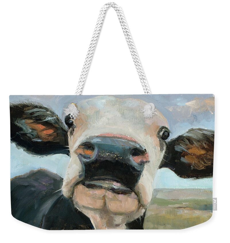 Cow Weekender Tote Bag featuring the painting Something in the way she Moos by Billie Colson