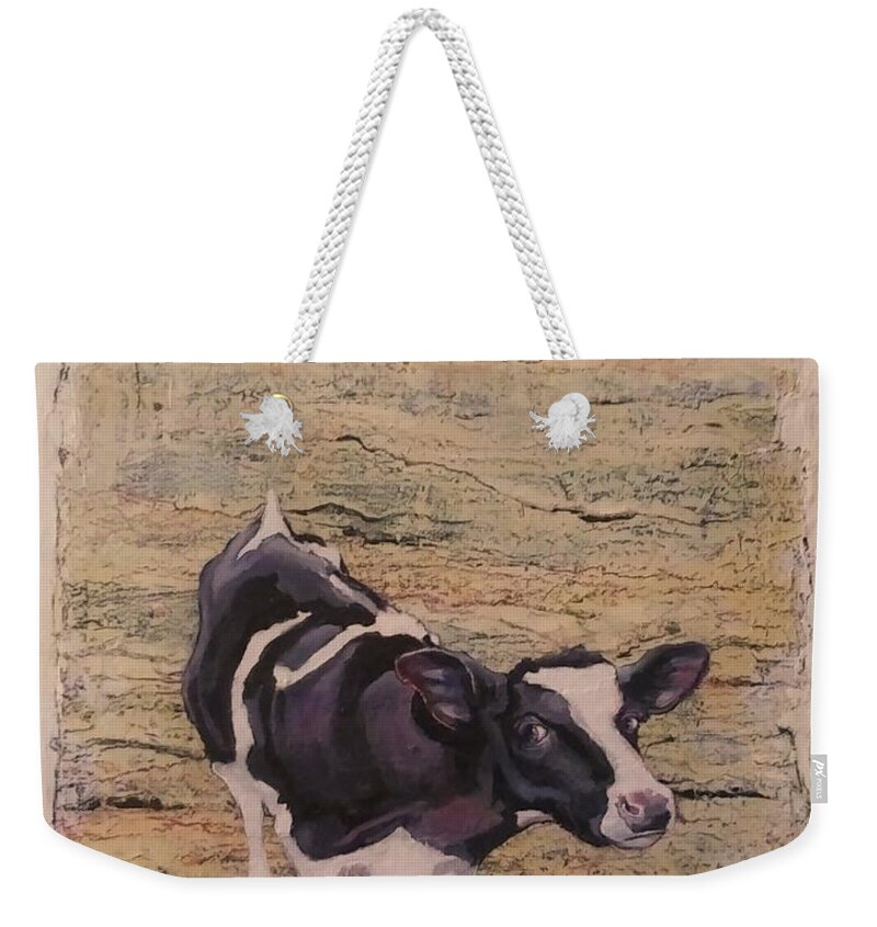 Cow Weekender Tote Bag featuring the painting Something in the Way She MOOS by Jean Cormier