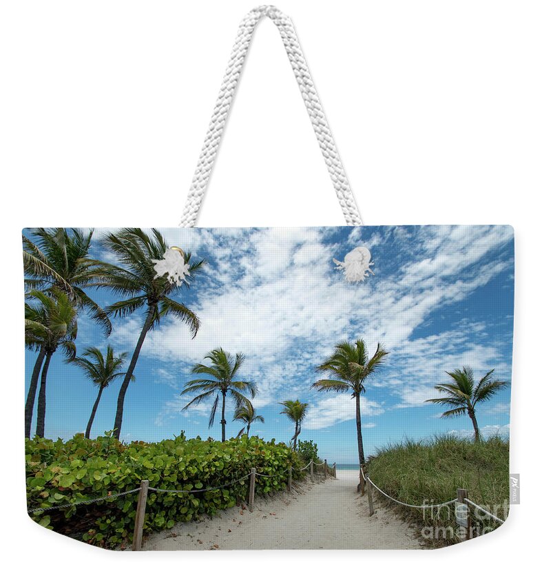 Palm Weekender Tote Bag featuring the photograph South Beach Miami, Florida Beach Entrance with Palm Trees by Beachtown Views