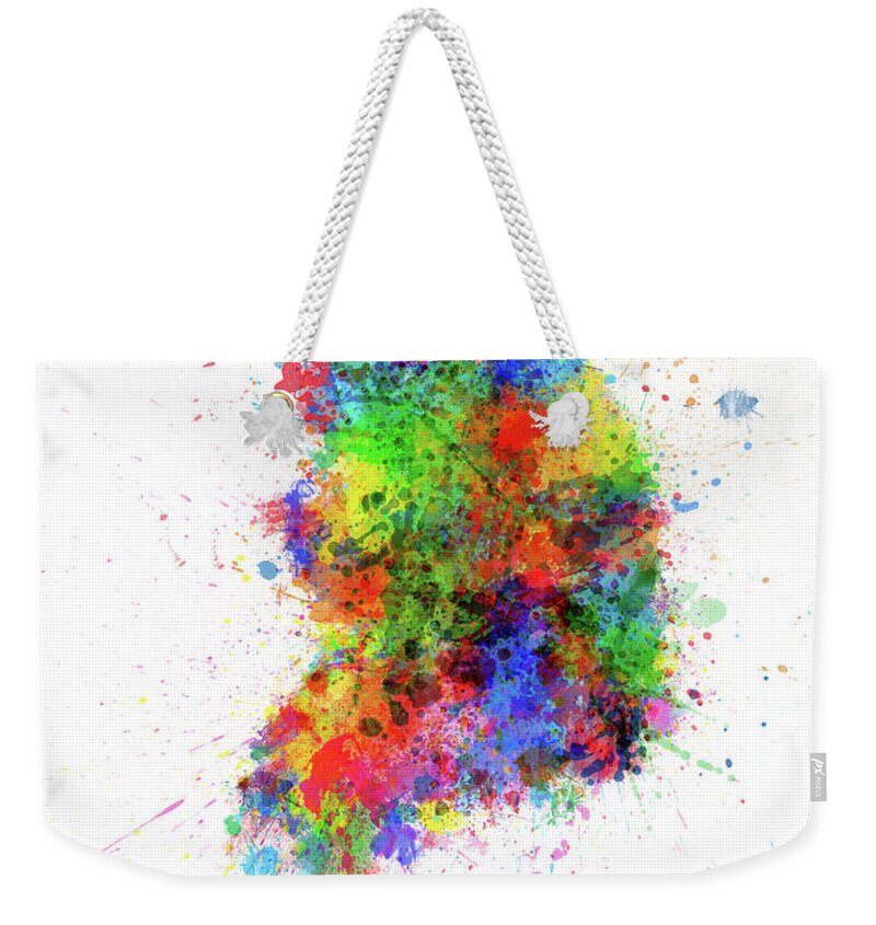 South Korea Map Weekender Tote Bag featuring the digital art South Korea Paint Splashes Map by Michael Tompsett
