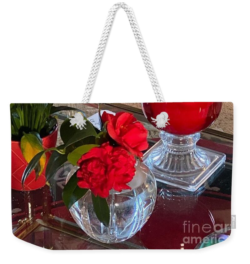 Flower Weekender Tote Bag featuring the photograph Southern Home Tablescape in Clayton, North Carolina by Catherine Ludwig Donleycott