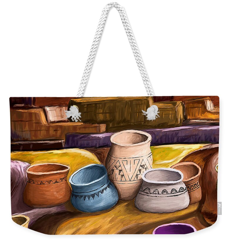 Southwest Weekender Tote Bag featuring the digital art Southwest Pots by Ken Taylor