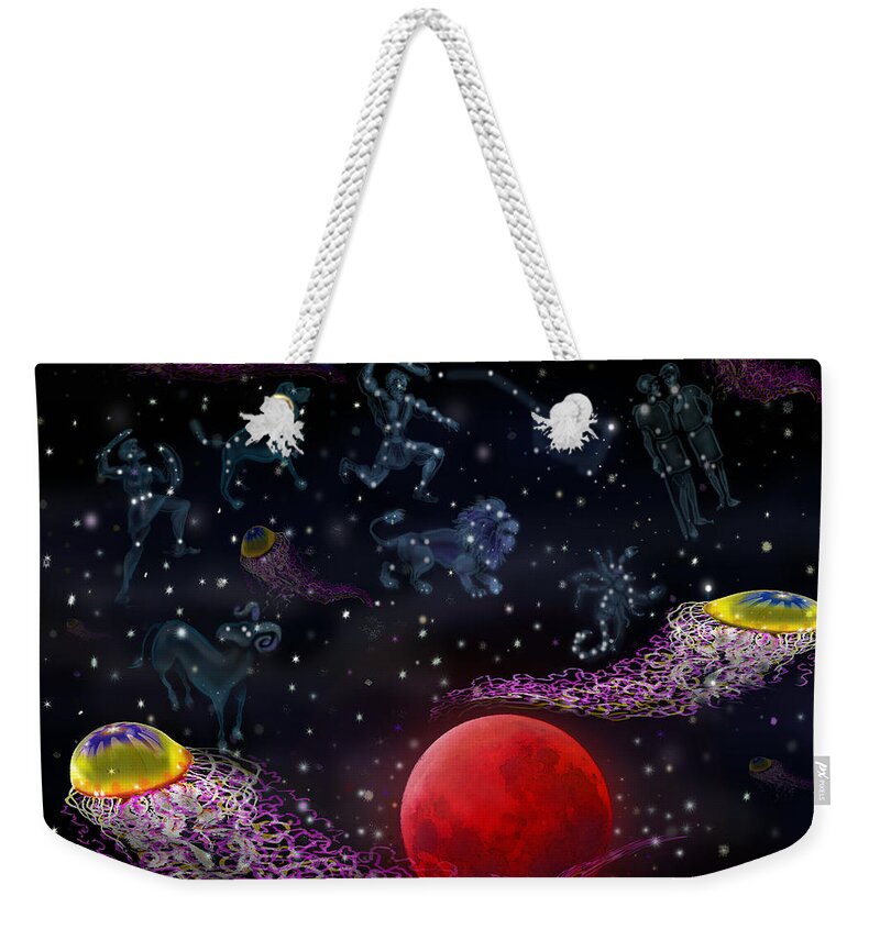 Space Weekender Tote Bag featuring the digital art Space Jellyfish by Kevin Middleton