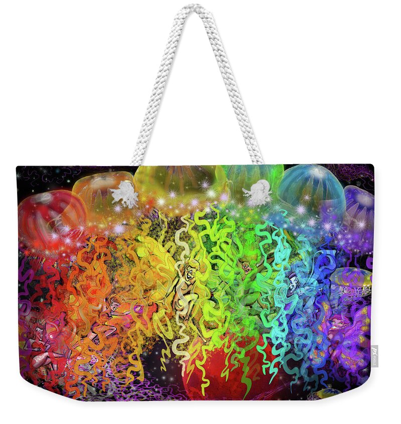 Space Weekender Tote Bag featuring the digital art Space Pixies n Jellyfish by Kevin Middleton