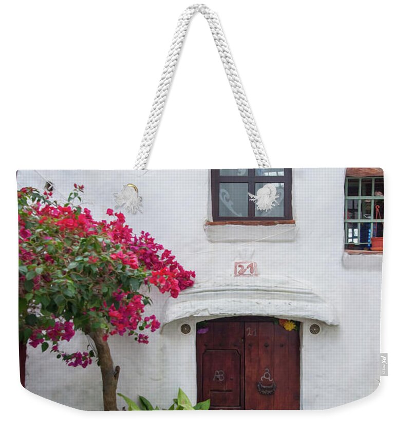 Door Weekender Tote Bag featuring the digital art Spanish House with Bougainvillea by Naomi Maya