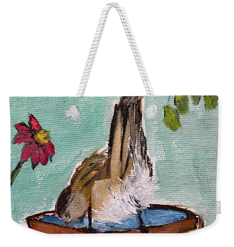 Bird Weekender Tote Bag featuring the painting Sparrow on a Birdbath by Roxy Rich