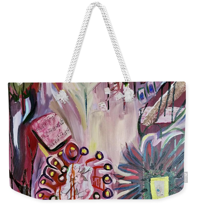 Red Weekender Tote Bag featuring the mixed media Speaking in Red by Catherine Gruetzke-Blais