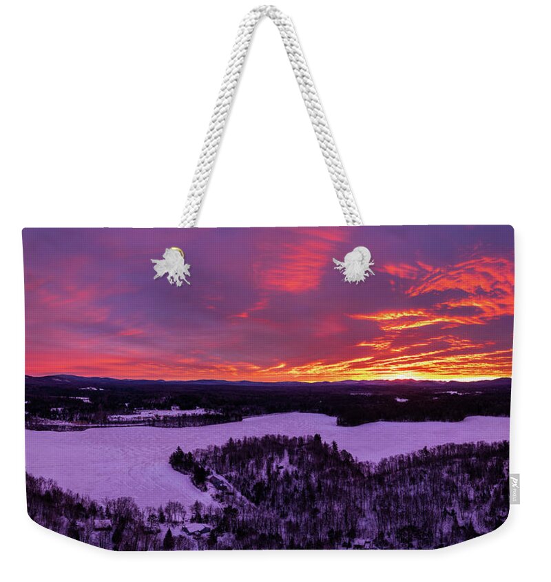 Landscape Weekender Tote Bag featuring the photograph Spectacle Pond Sunrise - Brighton, VT by John Rowe