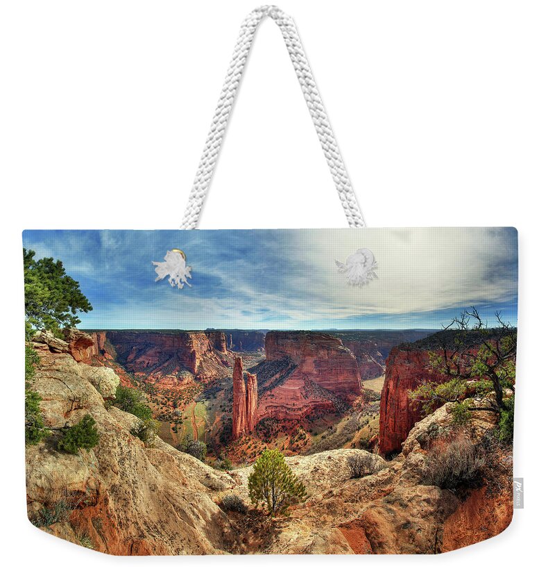Spider Rock Canyon De Chelly National Monument Desert Canyon Panorama Indian Southwest Az Arizona Weekender Tote Bag featuring the photograph Spider Rock at Canyon de Chelly National Monument by Peter Herman
