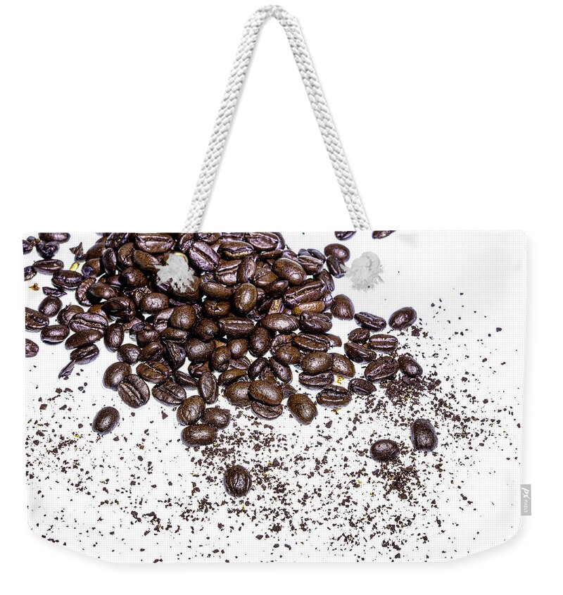 Myeress Weekender Tote Bag featuring the photograph Spilled Coffee Beans by Joe Myeress