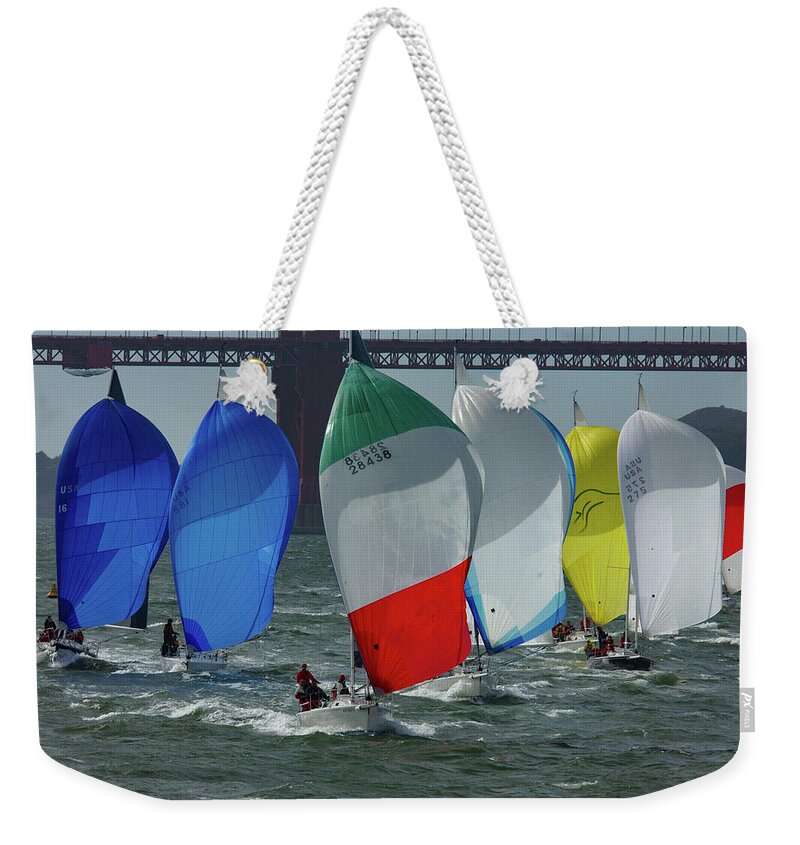 Spinnakers Weekender Tote Bag featuring the photograph Spinnakers Under the Golden Gate by Bonnie Colgan