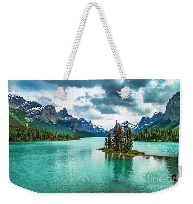 Maligne Lake Weekender Tote Bag featuring the photograph Spirit Island by Darcy Dietrich