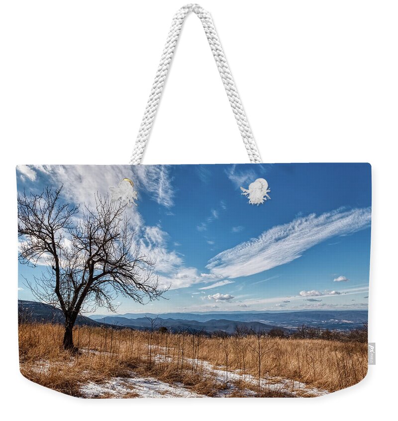Lara Ellis Photography Weekender Tote Bag featuring the photograph Spitler Knoll Winter Sky by Lara Ellis